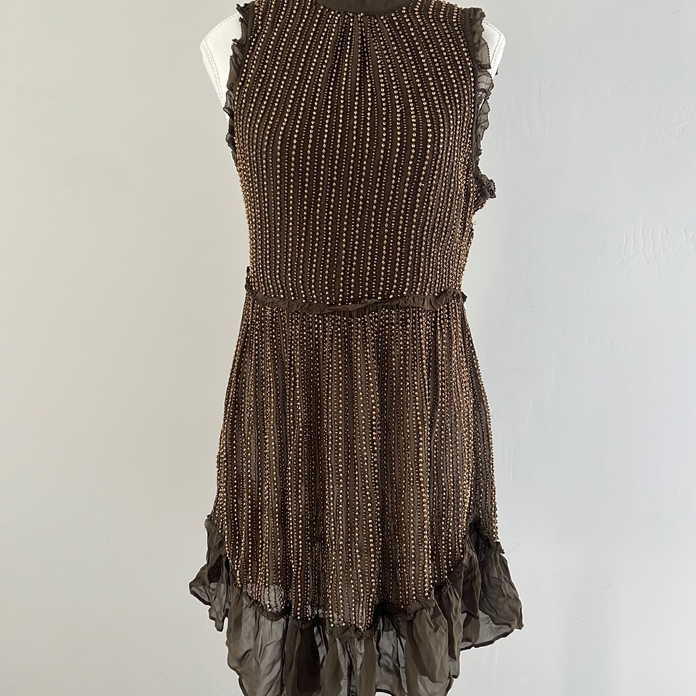 Love Sam Georgette bead-embellished Mini Dress in olive green